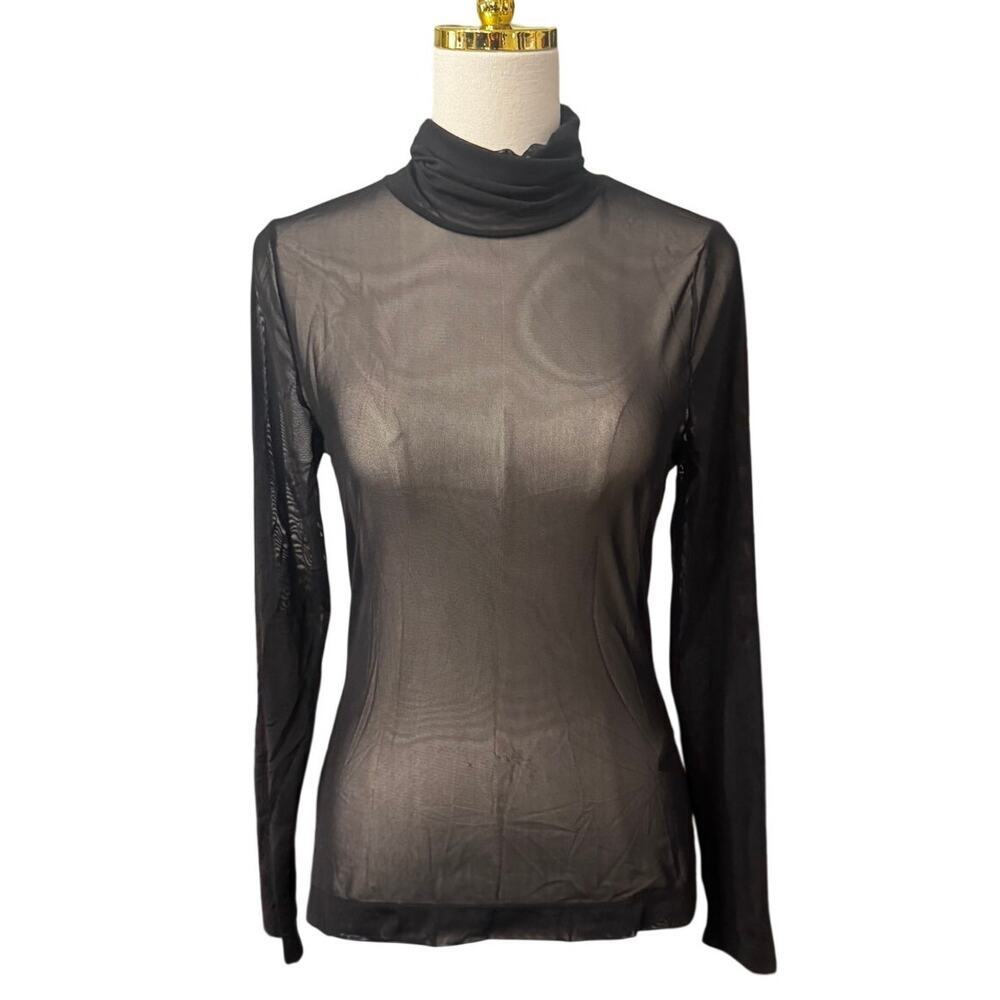 White House Black Market Sheer Mesh Turtleneck Top Black Long Sleeve Top Size S